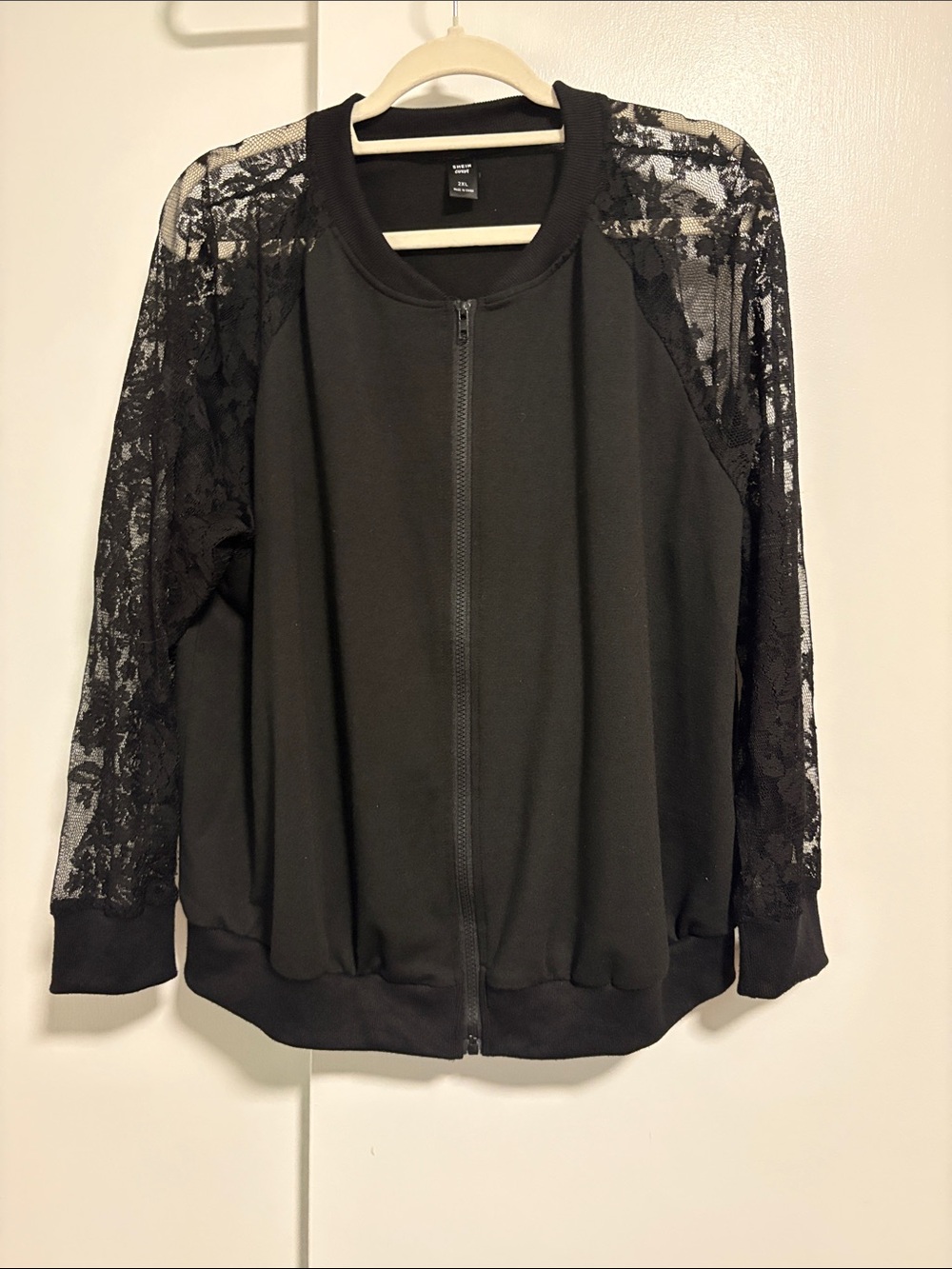 SHEIN Black Lace Sleeve Bomber Jacket
